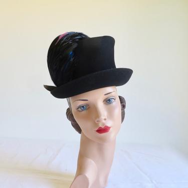 Vintage 1940's Black Felt Topper Tilt Hat Blue and Magenta Feather Trim Asymmetrical Crown Riding Style 40's Millinery Size 6 7/8 