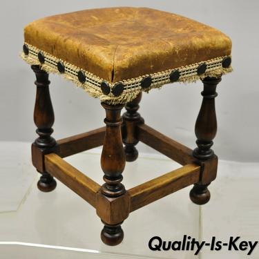 Spanish Renaissance Brown Distressed Leather Walnut Footstool Stool Ottoman