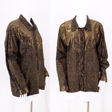 80s Nadya Metallic Gold Print Blouse m  / vintage 1980s lurex print tunic top M-L 