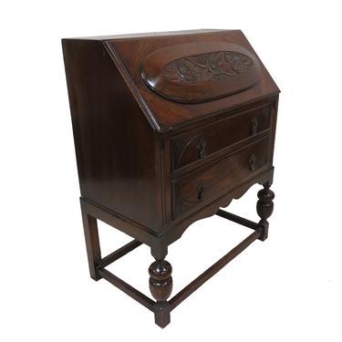 Antique Secretary Desk | English Oak Drop Front Secretary With Stretcher Desk 