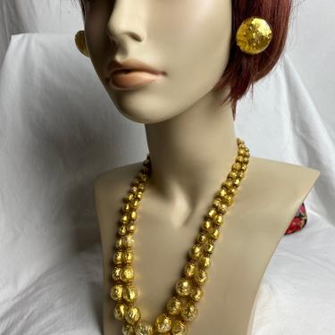 Vintage shiny gold chunky glass beaded necklace Set~ 2 tiered 1960’s  costume bright gold metallic with matching clip on earrings 