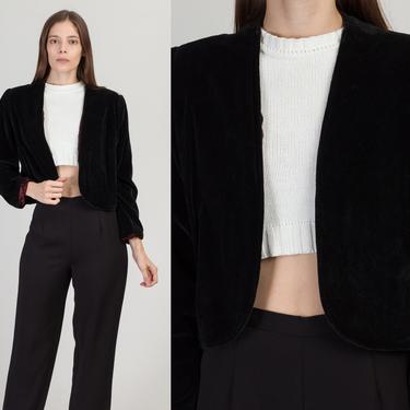 70s 80s Black Velvet Cropped Jacket - Medium | Vintage Edith Flagg Long Sleeve Open Fit Bolero 