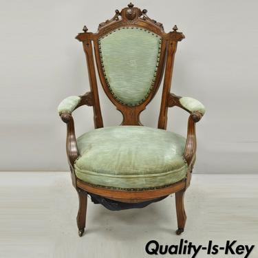 Antique Eastlake Victorian Green Carved Walnut Parlor Arm Chair