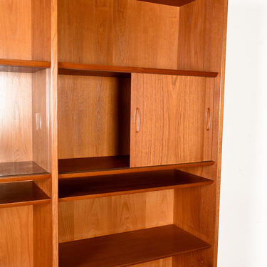Danish Tall Teak Bookcase w. Sliding Glass + Wood Shelf Doors