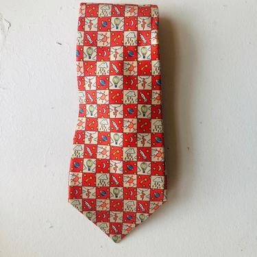 Vintage Hermes Weather Pattern Orange/Salmon Coral and Cream Silk Tie, Made in France 