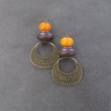 Etched bronze earrings, geometric earrings, unique mid century modern earrings, ethnic earrings, bohemian earrings, statement orange amber 