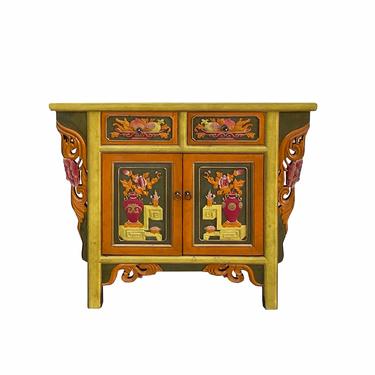 Chinese Distressed Mustard Yellow Orange Flower Carving Table Cabinet cs7111E 