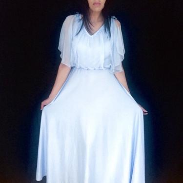 Vintage 70s Pale Blue Union Made Polyester Sheer Chiffon Blousey Overlay Fairy Sleeve Maxi Dress M 