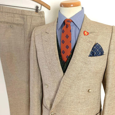 Vintage 1970s/1980s HUGO BOSS Wool TWEED 2pc Suit ~ 36 R ~ Double Breasted jacket / blazer / sport coat / pants ~ Preppy / Ivy Style / Trad 