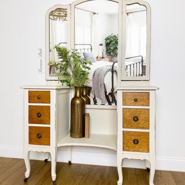 NEW - Vintage Farmhouse Vanity with Trifold Mirror, Antique Dressing Table, Trifold Vanity, Bedroom Furniture 