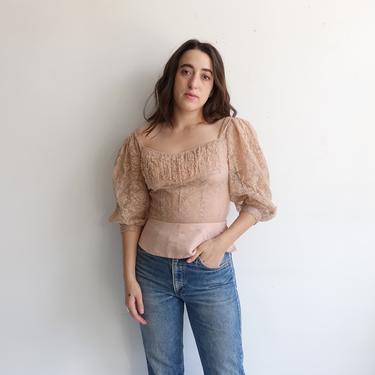 Vintage 50s Sheer Beaded Puff Sleeve Blouse/ 1950s Dusty Rose Pearl Off The Shoulder Top/ Size Medium 