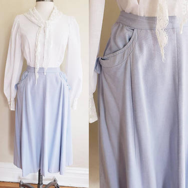 1950s Blue Cotton Blend Skirt  A LIne / 50s Midi Skirt Barry Ashley Cute Pockets with Bows / Plus Size XL 