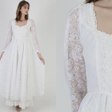 Romantic Renaissance Bridal Collection / Gunne Sax Victorian Maxi Dress / Vintage 70s White Wedding Lace Long Gown Size 11 
