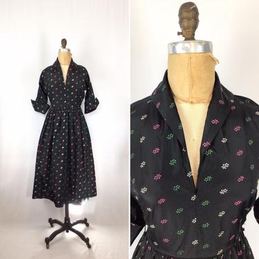 Vintage 50s dress | Vintage taffeta fit and flare dress | 1950s floral flocked day dress 