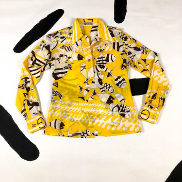 80s Gucci Fish Print Cotton Blouse / Yellow / Brown / Lightweight / Novelty Print / Logo / 46 