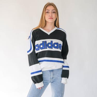 Vintage 80s ADIDAS Black, White & Blue Satin Stripe Silver Label Crewneck w/ Trefoil Patch Logos | 1980s Designer Hip Hop V-Crew Sweater 