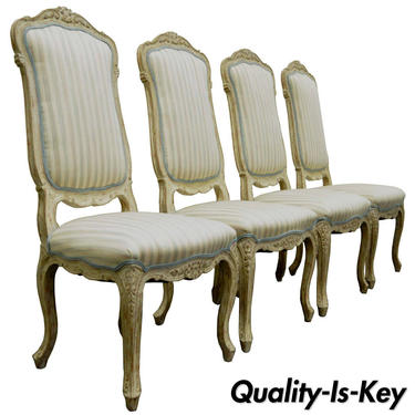 4 Vintage Swedish Rococo French Louis XV Style Distress Painted Dining Chairs