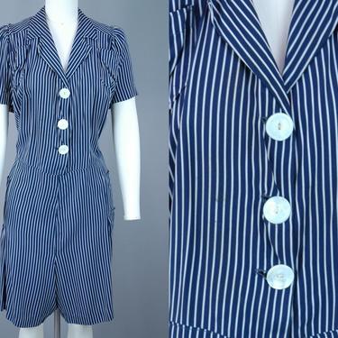 1940s Striped Romper | Vintage 40s 50s Blue & White Playsuit | xxl / volup 