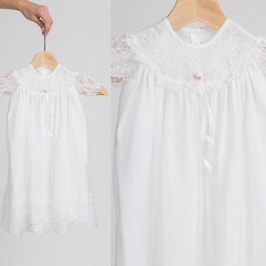 60s White Lace Baby Christening Gown | Vintage Sheer Full Length Baby Girl Dress 