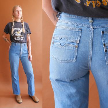 Vintage 70s Light Wash Denim/ 1970s High Waisted Straight Leg Jeans/ Size 28 