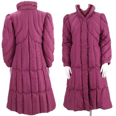 80s down quilted duffle coat 8 / vintage 1980s raspberry puffy winter coat jacket M 