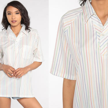 Rainbow Striped Shirt 70s Boho Shirt Disco Top Hippie Shirt 1970s Vintage Bohemian Button Up Short Sleeve Blouse Extra Large xl l 