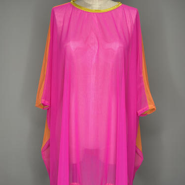 Pink Orange Mesh Kaftan-Color Block-One Size Fits All-Swimsuit Coverup-Beach Coverup-Oversized Top-Pink Dress-Plus Size-Sheer Coverup 
