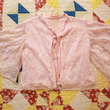 1920s Angel Sleeve Bed Jacket with Lace Overlay Silk Chiffon Size S / M 