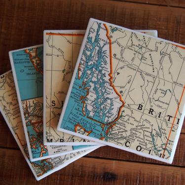 1939 British Columbia Canada Map Coasters Set of 4 - Ceramic Tile - Repurposed Vintage 1930s Colliers Atlas - Handmade - Vancouver 