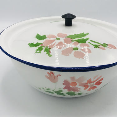 Vintage  Retro Enamelware Stencil Floral Covered lidded  Bowl-Great Condition- Marked China 5- 8 1/2&amp;quot; 