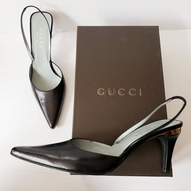 Vintage Gucci Black Leather Stiletto High Heels Party Shoes / Y2K Era Tom Ford for Gucci Slingback Evening Shoes / 7 / Frankie 