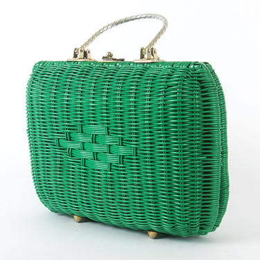 Vintage 1960s Box Purse | 60s Green Woven Wicker Handbag Straw Basket Purse 