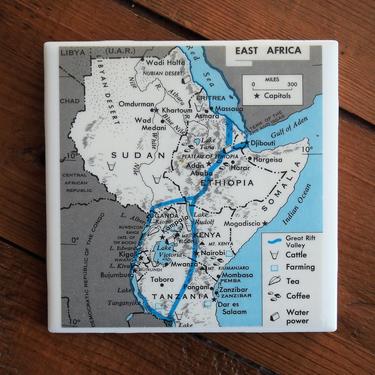 1971 East Africa Vintage Map Coaster - Ceramic Tile - Repurposed 1970s Geography Textbook - Handmade - Kenya Sudan Ethiopia Somalia Tanzania by allmappedout