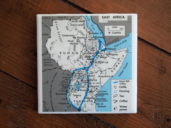 1971 East Africa Vintage Map Coaster - Ceramic Tile - Repurposed 1970s Geography Textbook - Handmade - Kenya Sudan Ethiopia Somalia Tanzania 