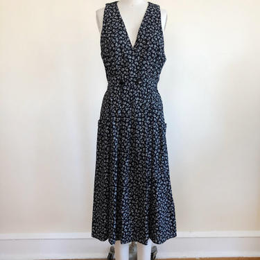 Black and White Floral Print Pinafore Dress - 1990s 