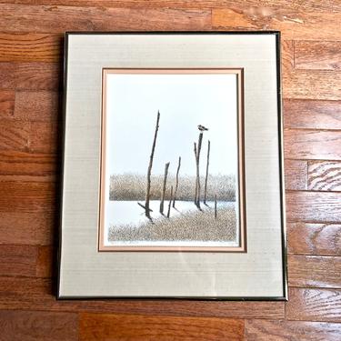 Vintage Lithograph, Serigraph, Salt Marsh, signed by artist - Hand Colored, Water Color, Peach Blue, Pen Ink, Seagull, Mangroves, Cypress 