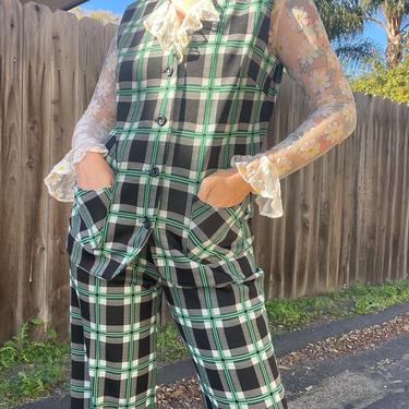 1970s vintage green black and white plaid two piece pants set with matching vest 