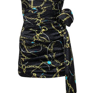 Ronny Kobo - Black & Gold Chain & Jewel Print Strapless Dress w/ Bow Sz S
