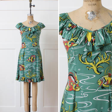 vintage Hawaiian dress • Kalakaua rayon 40s style tropical fish &amp; coral print • sleeveless tropical summer dress 