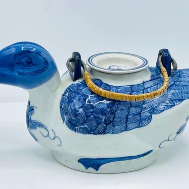Vintage Chinese Blue &amp; White Hand Painted Porcelain Duck Form Teapot or Creamer 