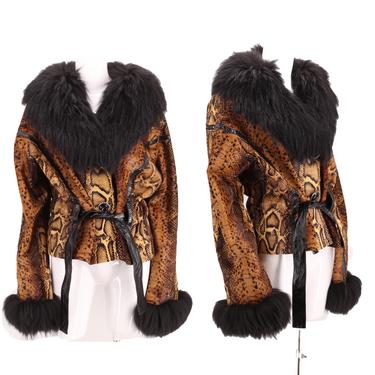 Y2K vintage snakeskin print fox fur coat sz L / 2000s 90s pony hair patent leather jacket sz 12 
