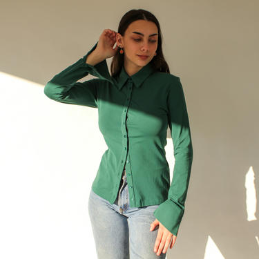 Vintage 2000s Anne Fontaine Forrest Green Fitted Cotton Stretch French Cuff Top | Made in France | Y2K French Designer Multi Button Blouse 