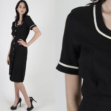 Vintage 60s Black Linen Dress / Ivory Trim LBD Cocktail Dress / Minimalist Slim Party Wiggle Dress / Tuxedo Style Plain Simple Mini Dress 