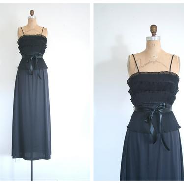1970s black maxi party dress - organdy tiered ruffles / 70s glamour - Studio 54 dress / vintage bridesmaid dress - 70s maxi prom dress 