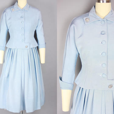 1950s NEW LOOK Skirt Suit | Vintage 50s Powder Blue Faille Two Piece Set with Full Skirt | xs / s 