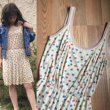 1970s Dot Print Sundress | Rainbow Novelty Spot Patterned Pleated Rib Knit Trim Tank Top Summer Midi Dress Semi Sheer Polyester Size M 