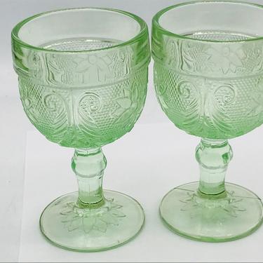 Vintage (2) Tiara &amp;quot;Chantilly&amp;quot; Pattern Juice, Cordial  Pretty Light Green Sandwich Glass- set of three 