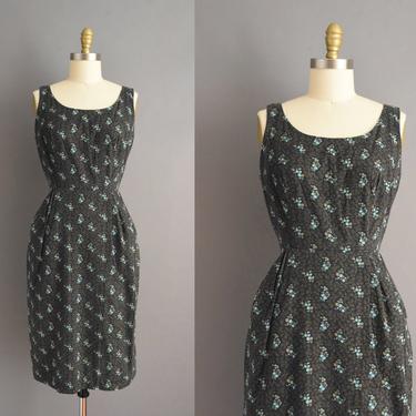 vintage 1950s dress  Turquoise Blue Floral Print Cotton Day Dress | Large | 50s vintage dress 