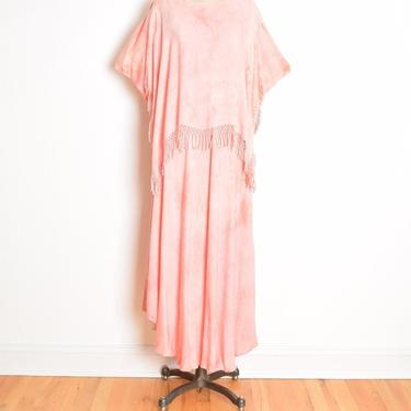 vintage 90s Moroccan dress cotton rayon fringe gypsy hippie boho lagenlook tiered maxi peach pink 