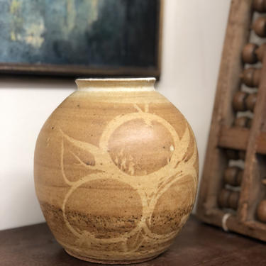 Handmade Vintage Earth Toned Ceramic Vase with Floral Motif 